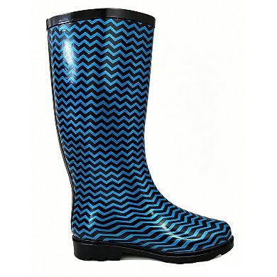Women's Rain Boots Rubber Black Blue Chervon Mid Calf Rainboot,