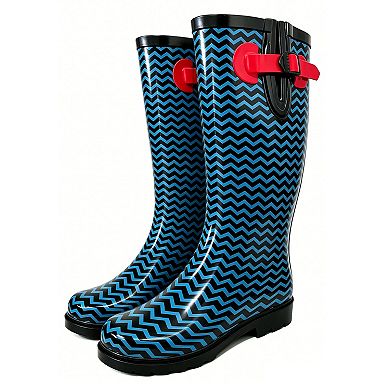 Women's Rain Boots Rubber Black Blue Chervon Mid Calf Rainboot,