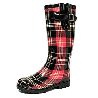 Women's Rain Boots Rubber Black/Red Plaid Mid Calf Rainboot