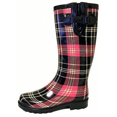 Women's Rain Boots Rubber Black/Red Plaid Mid Calf Rainboot