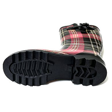 Women's Rain Boots Rubber Black/Red Plaid Mid Calf Rainboot