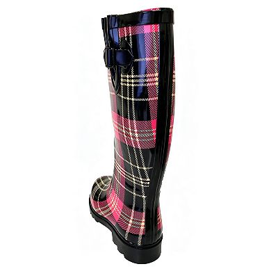 Women's Rain Boots Rubber Black/Red Plaid Mid Calf Rainboot