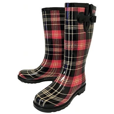 Women's Rain Boots Rubber Black/Red Plaid Mid Calf Rainboot