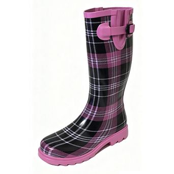 Women's Rain Boots Rubber Pink Black Plaid Mid Calf Rainboot