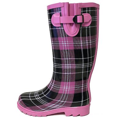 Women's Rain Boots Rubber Pink Black Plaid Mid Calf Rainboot