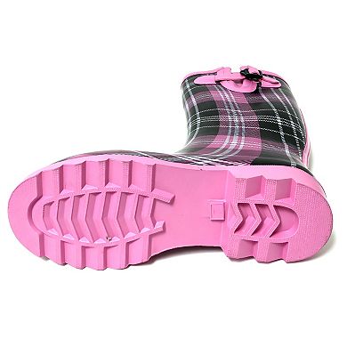 Women's Rain Boots Rubber Pink Black Plaid Mid Calf Rainboot