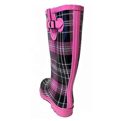 Women's Rain Boots Rubber Pink Black Plaid Mid Calf Rainboot