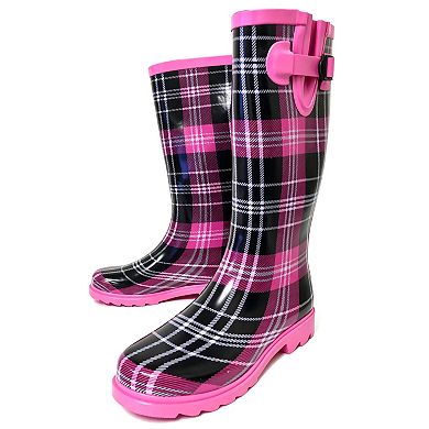 Women's Rain Boots Rubber Pink Black Plaid Mid Calf Rainboot