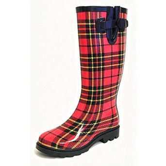 Women's Rain Boots Rubber Red Black Plaid Mid Calf Rainboot