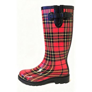 Women's Rain Boots Rubber Red Black Plaid Mid Calf Rainboot