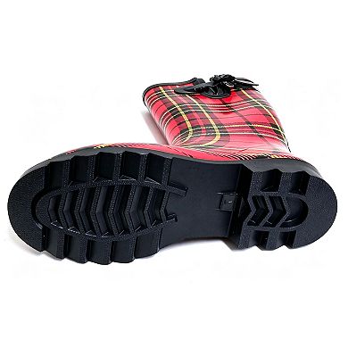 Women's Rain Boots Rubber Red Black Plaid Mid Calf Rainboot
