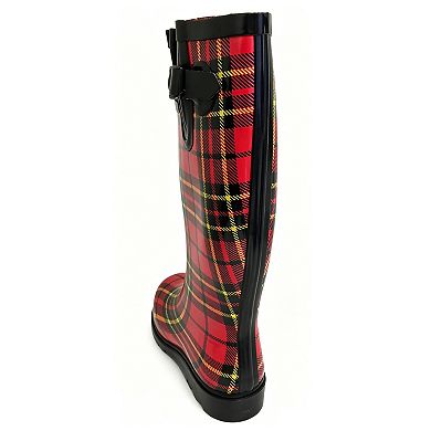 Women's Rain Boots Rubber Red Black Plaid Mid Calf Rainboot