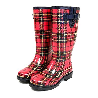 Women's Rain Boots Rubber Red Black Plaid Mid Calf Rainboot