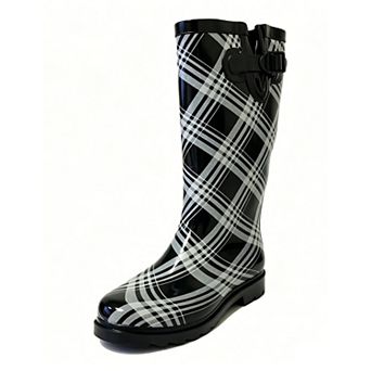 Women's Rain Boots Rubber Black Plaid Mid Calf Rainboot