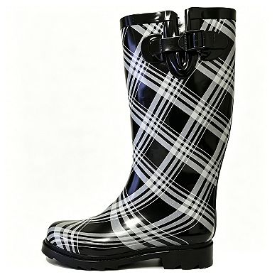 Women's Rain Boots Rubber Black Plaid Mid Calf Rainboot