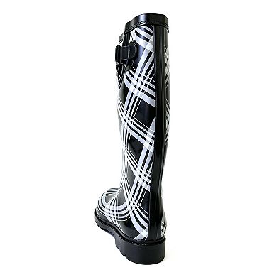 Women's Rain Boots Rubber Black Plaid Mid Calf Rainboot