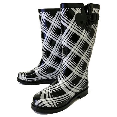 Women's Rain Boots Rubber Black Plaid Mid Calf Rainboot