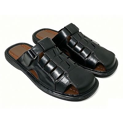 Mens Slides Sandals Closed Toe Hook and Loop Fisherman Black