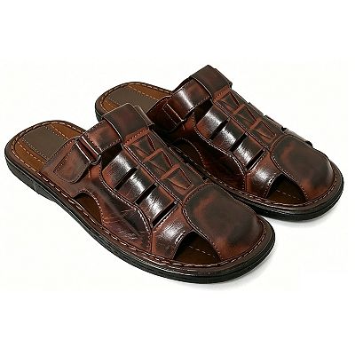Mens Slides Sandals Closed Toe Hook and Loop Fisherman Brown
