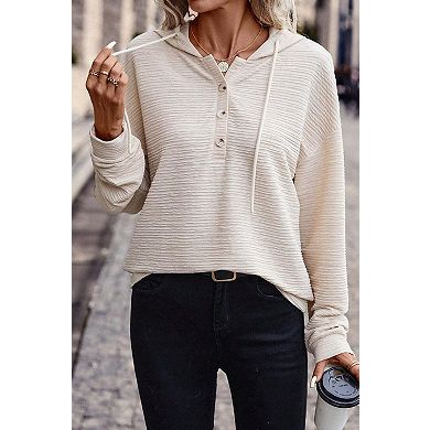 Solid Textured Drawstring Henley Hoodie