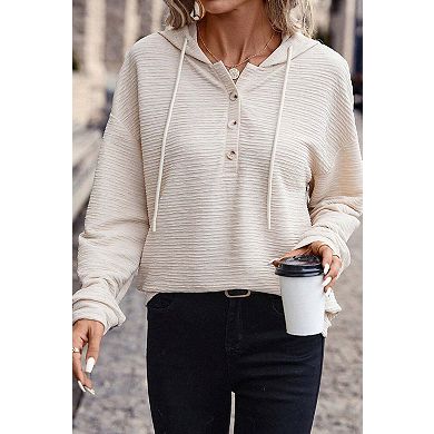 Solid Textured Drawstring Henley Hoodie