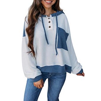 Corded Colorblock Patch Pocket Drawstring Hooded Top