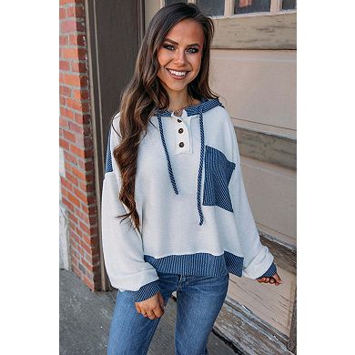 Corded Colorblock Patch Pocket Drawstring Hooded Top