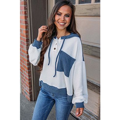 Corded Colorblock Patch Pocket Drawstring Hooded Top