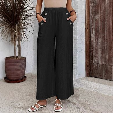 Women's Elastic High Waisted Wide Leg Pants Casual Trousers with Pockets