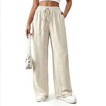 Women's Elastic Waist Wide Leg Pants Loose Casual Trousers with Pockets