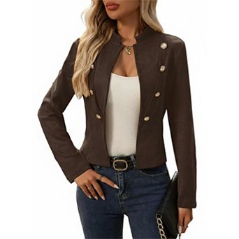 Women's Cropped Jacket Faux Suede with Gold Buttons