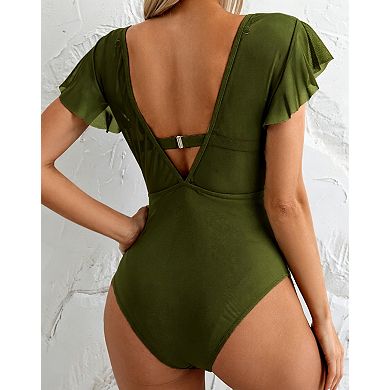 Modest 3 Piece Bathing Suit Women High Waisted V Neck Bikini with Mesh Cover Up