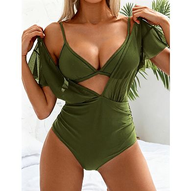 Modest 3 Piece Bathing Suit Women High Waisted V Neck Bikini with Mesh Cover Up