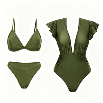 Modest 3 pc Bathing Suit Women High Waisted V Neck Bikini with Mesh Cover Up