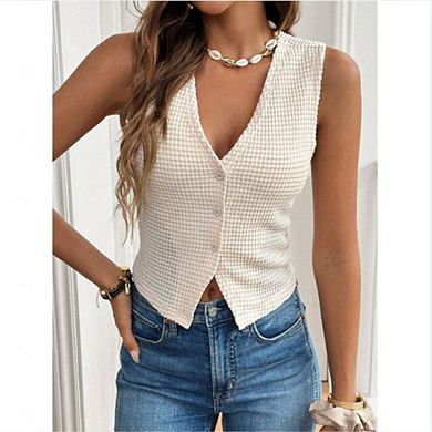 Women's V-Neck Knit Vest Sleeveless Button Front Top