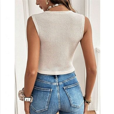 Women's V-Neck Knit Vest Sleeveless Button Front Top