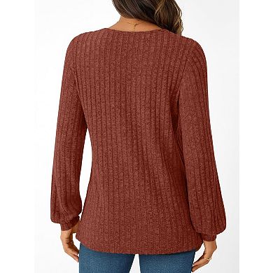Women's Solid Pullover V-Neck Ribbed Loose Long Sleeve T-Shirt Top