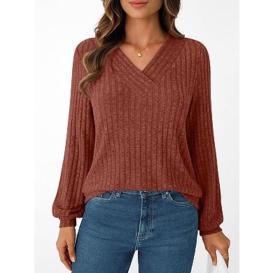 Women's Solid Pullover V-Neck Ribbed Loose Long Sleeve T-Shirt Top