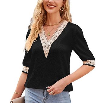 Women's V-Neck Lace Trim Satin Blouse Puff Half Sleeve Elegant Top
