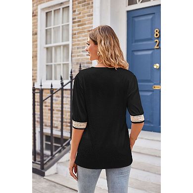 Women's V-Neck Lace Trim Satin Blouse Puff Half Sleeve Elegant Top