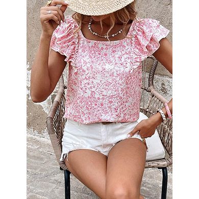Women's Floral Print Blouse Ruffle Sleeve Back Bow Tie Casual Shirt
