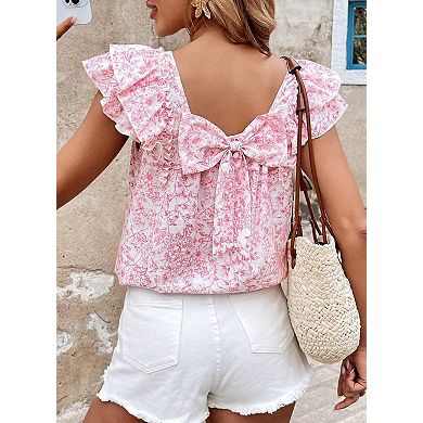 Women's Floral Print Blouse Ruffle Sleeve Back Bow Tie Casual Shirt