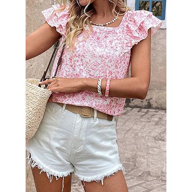 Women's Floral Print Blouse Ruffle Sleeve Back Bow Tie Casual Shirt