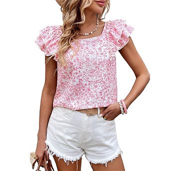 Women's Floral Print Blouse Ruffle Sleeve Back Bow Tie Casual Shirt