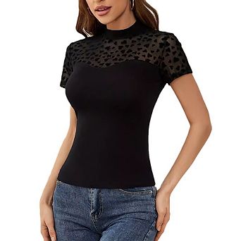 Women's Mesh See-Through Heart Patchwork Short SleeveTops Slim Fit T-Shirt