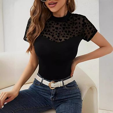 Women's Mesh See-Through Heart Patchwork Short SleeveTops Slim Fit T-Shirt