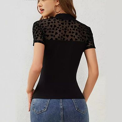 Women's Mesh See-Through Heart Patchwork Short SleeveTops Slim Fit T-Shirt