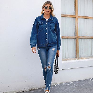 Long Sleeves Women's Denim Jacket Button Down Jean Jacket with Pockets