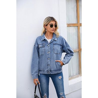 Women's Denim Jacket Button Down Long Sleeves Jean Jacket with Pockets