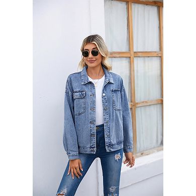 Women's Denim Jacket Button Down Long Sleeves Jean Jacket with Pockets